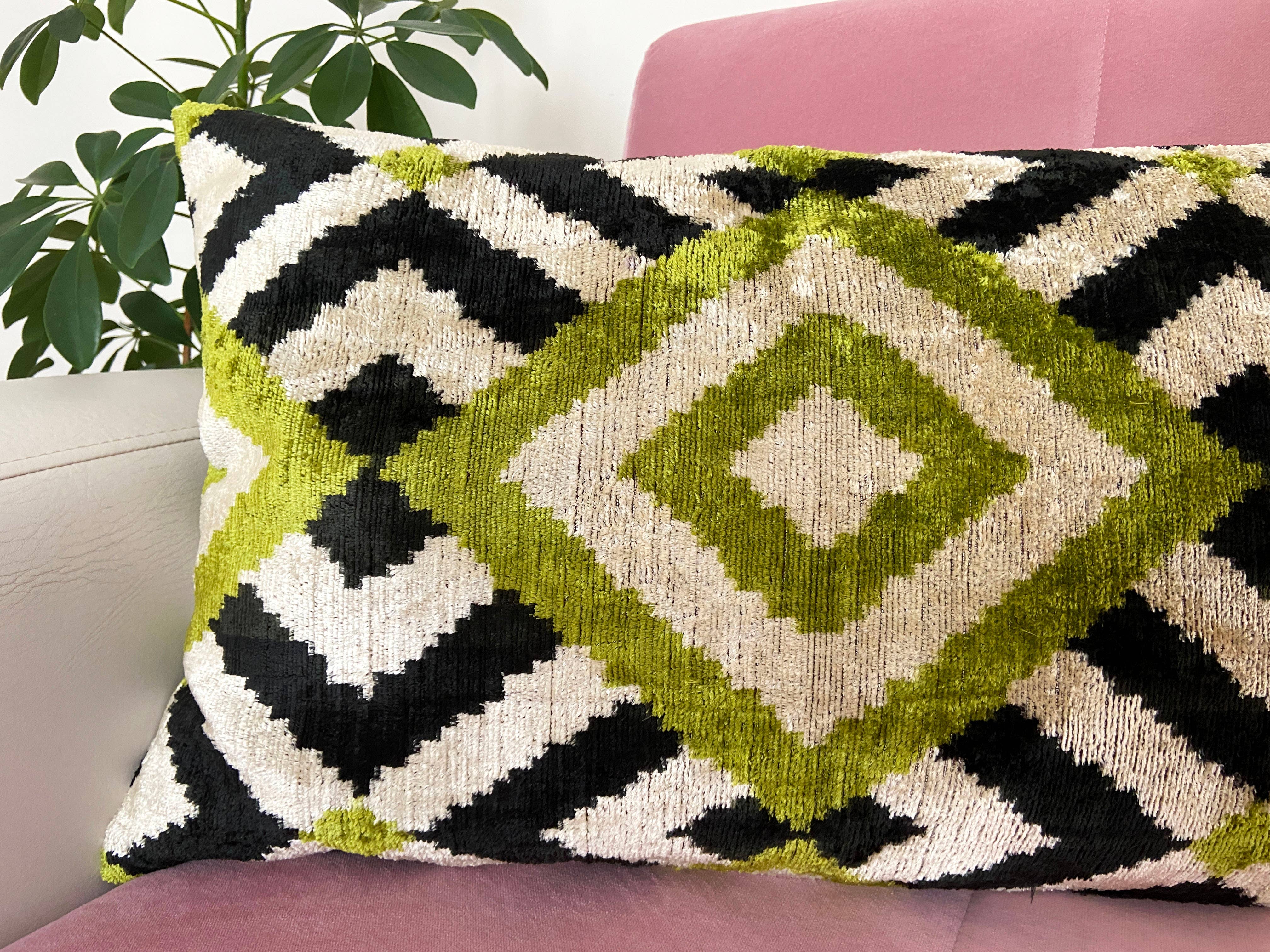 Velvet cushion Ikat green diamonds