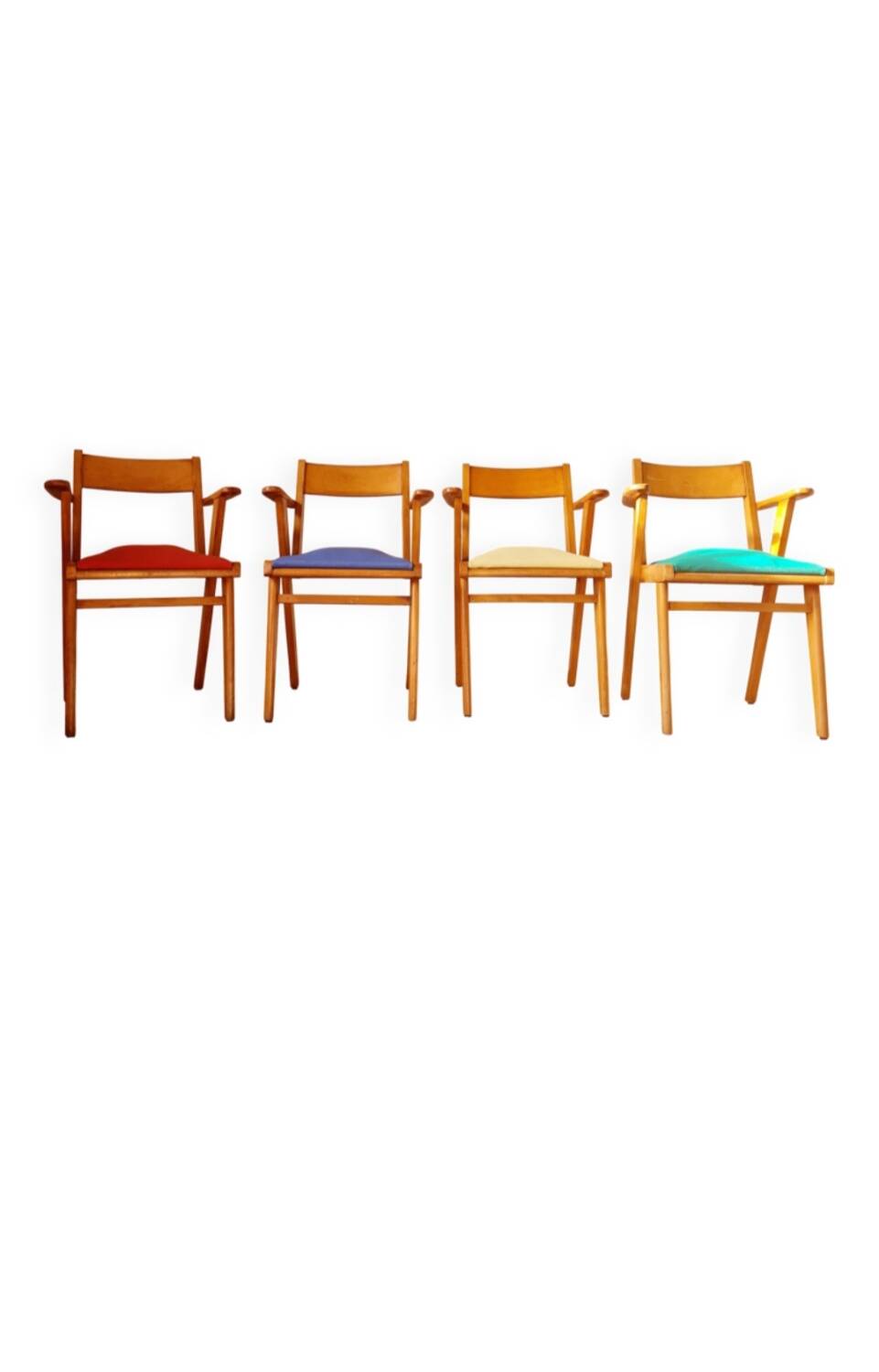 Serie de chaises accoudoirs années 50 assises colorées