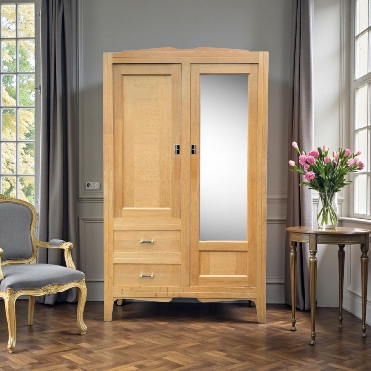 Vintage Parisian hotel wardrobe, blonde oak, 1950s.