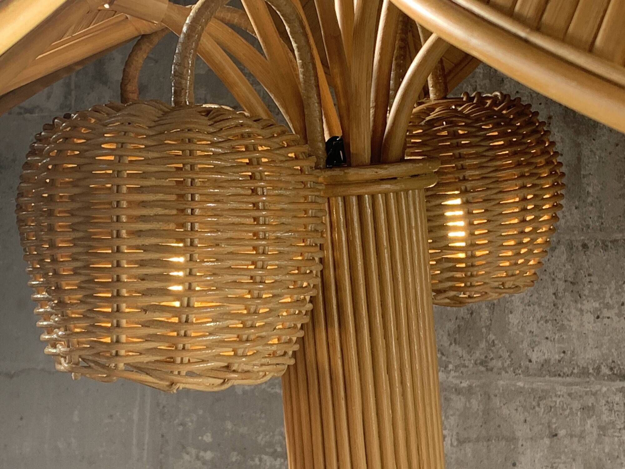 Pencil Reed rattan bamboo coconut palm tree floor lamp, Mario Lopez Torres, 1970s
