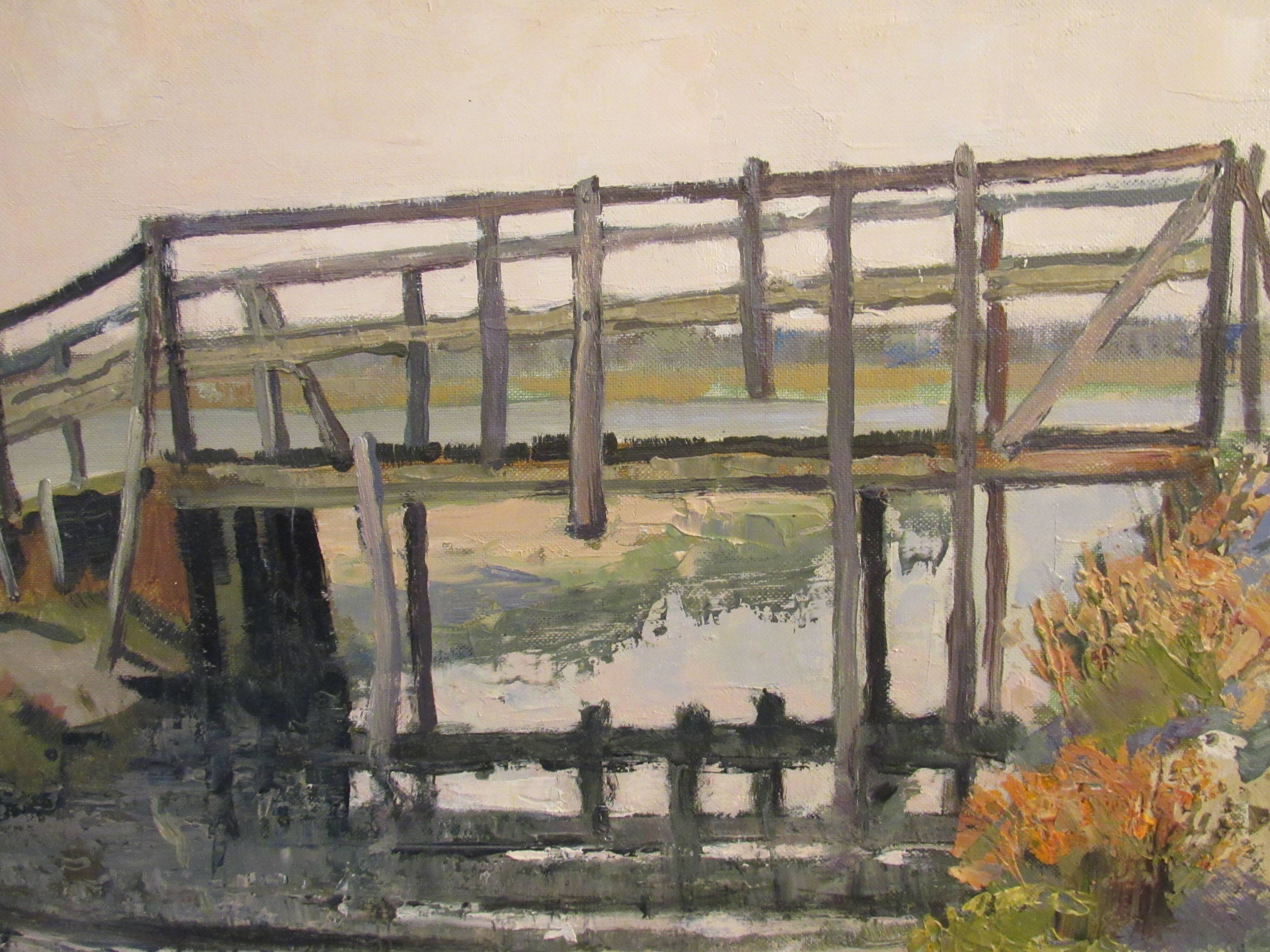 Oil on canvas, wooden Bridge in Camargue, signed