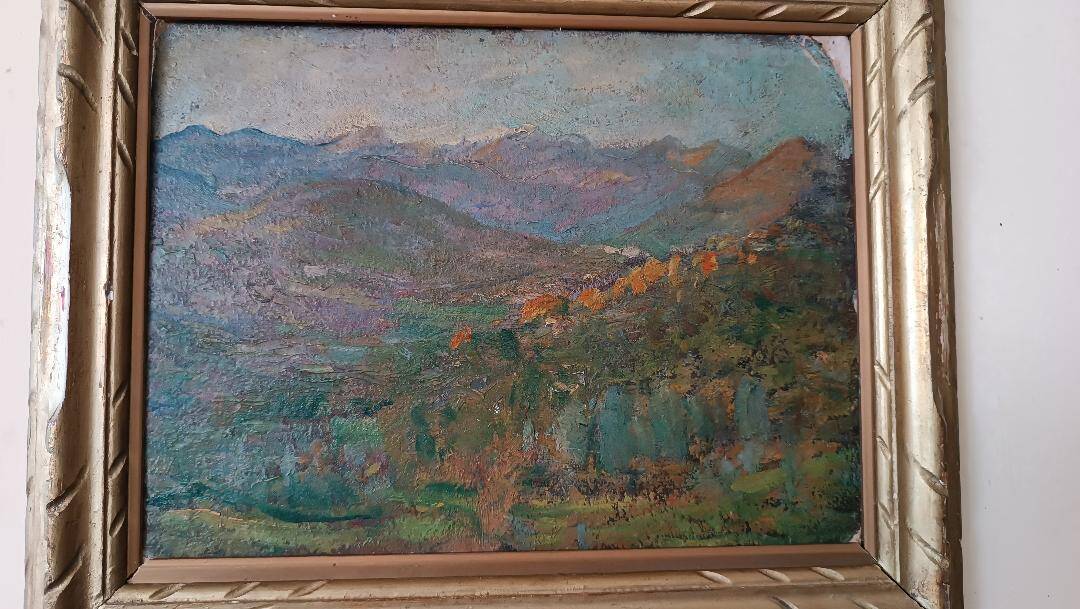 Peinture à l'huile de paysage impressionniste sur carton du début des années