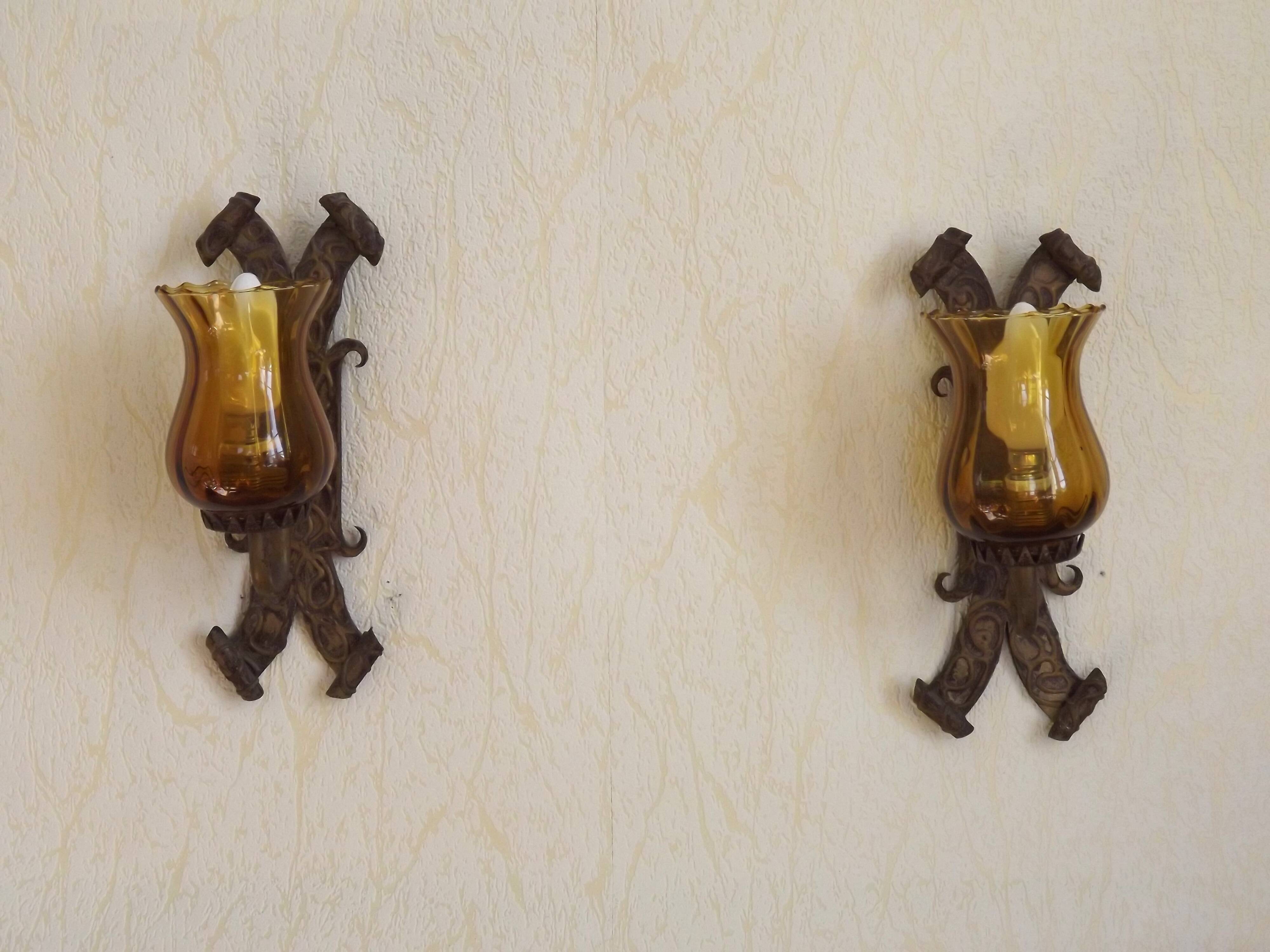 Pair of Hand Forged Wrought Iron Medieval Style Wall Lights with Amber Shades 42