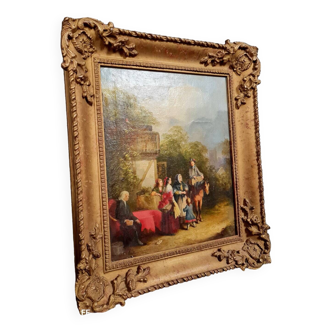 18th century Flemish School: oil on panel depicting a lively bourgeois scene