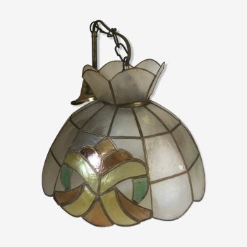Suspension luminaire mother-of-pearl and brass