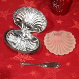 Silver-plated metal scallop butter dish and white glass bowl