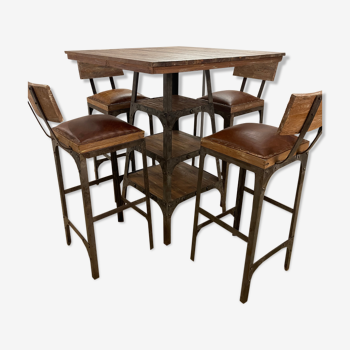 Table en métal et bois exotique (old wood) avec 4 chaises