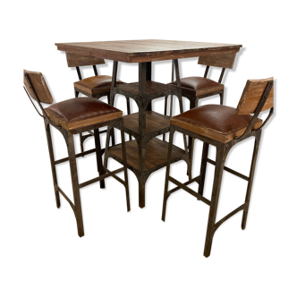 Table en métal et bois exotique (old wood) avec 4 chaises