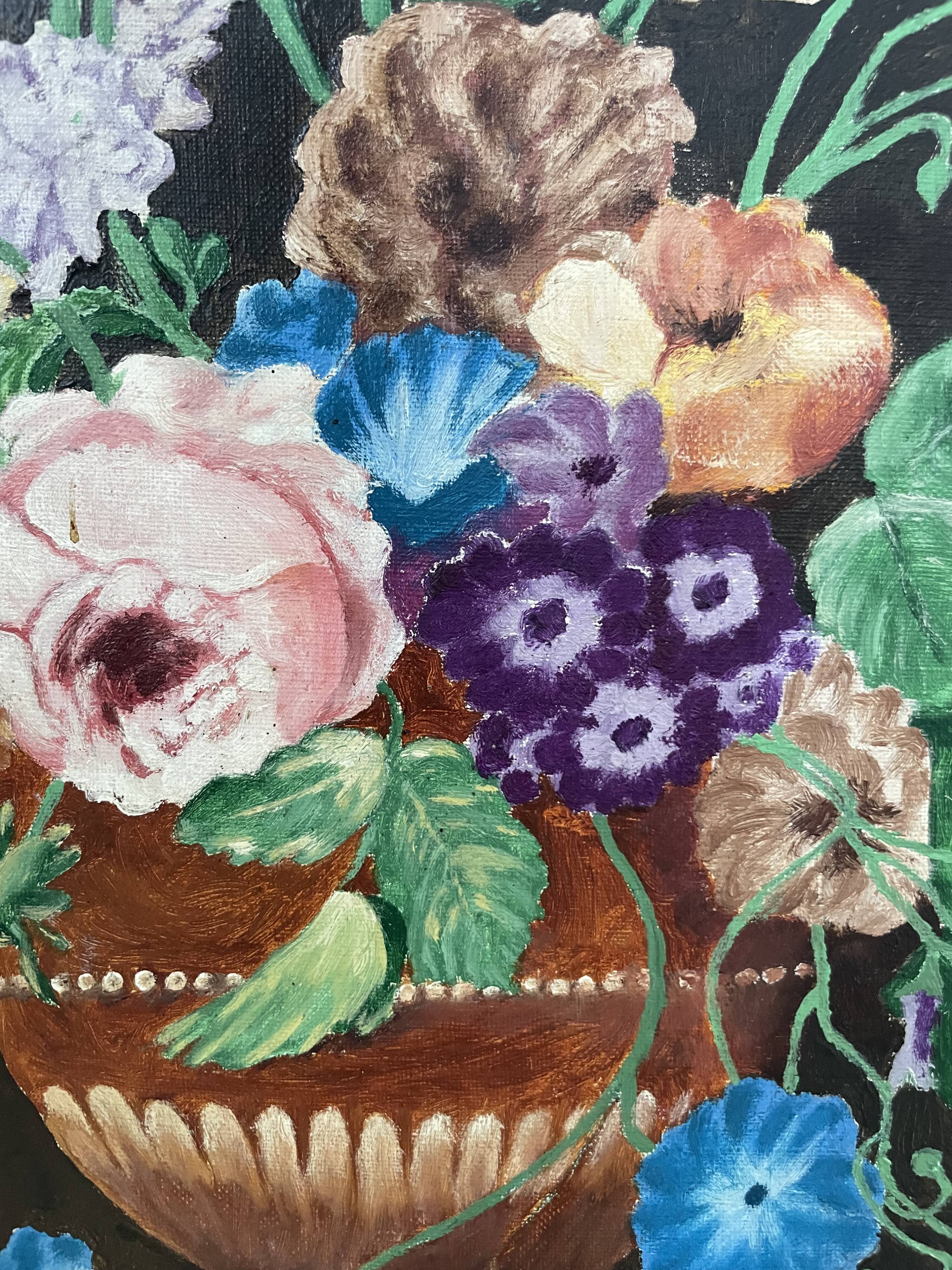 Oil painting on wood flowers signed Grumet