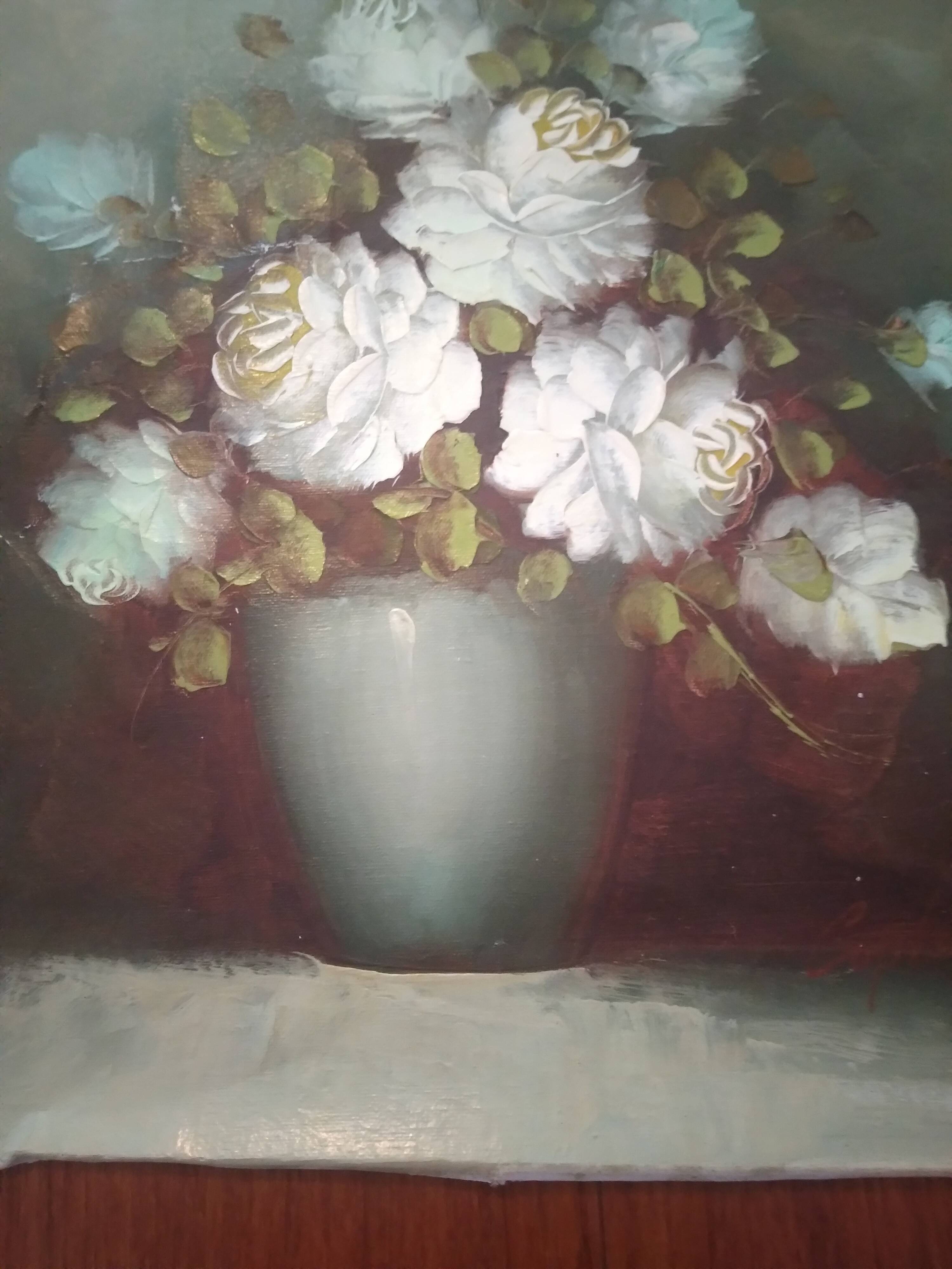 Vintage oil painting still life rose signed C.Johnson