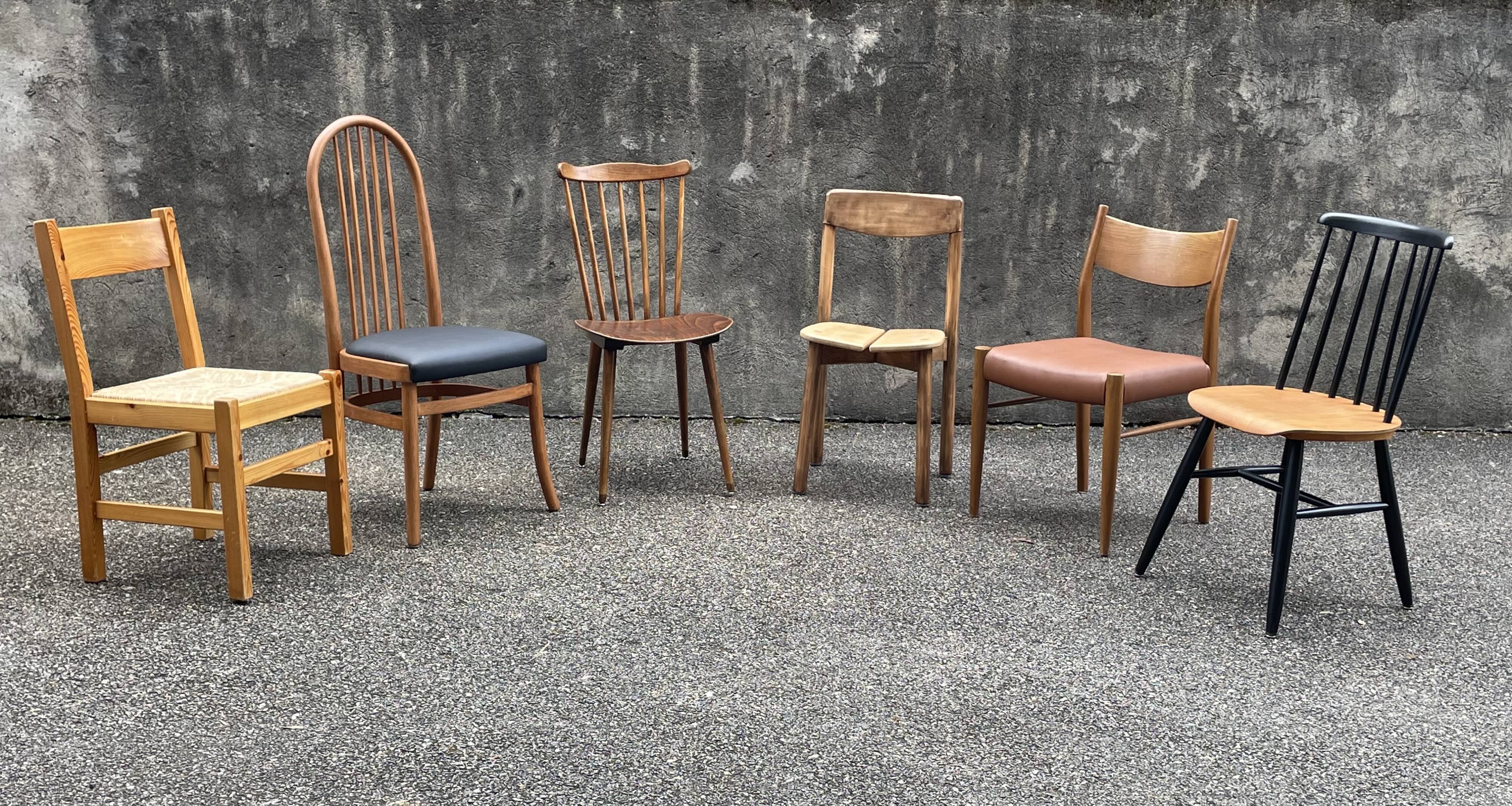 Series of 6 mismatched vintage chairs