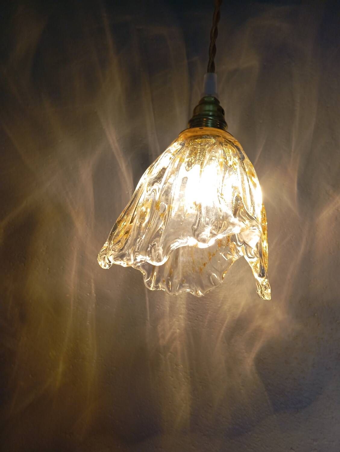 Hanging pendant light thick transparent draped and amber glass, vintage