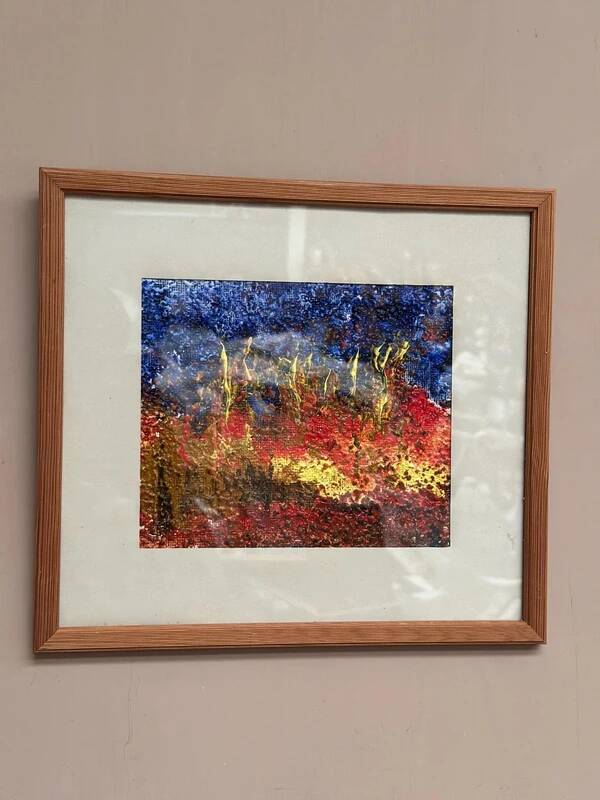 European vintage oil on canvas "Abstract" by unknown artist, glazed and framed 33×30cm