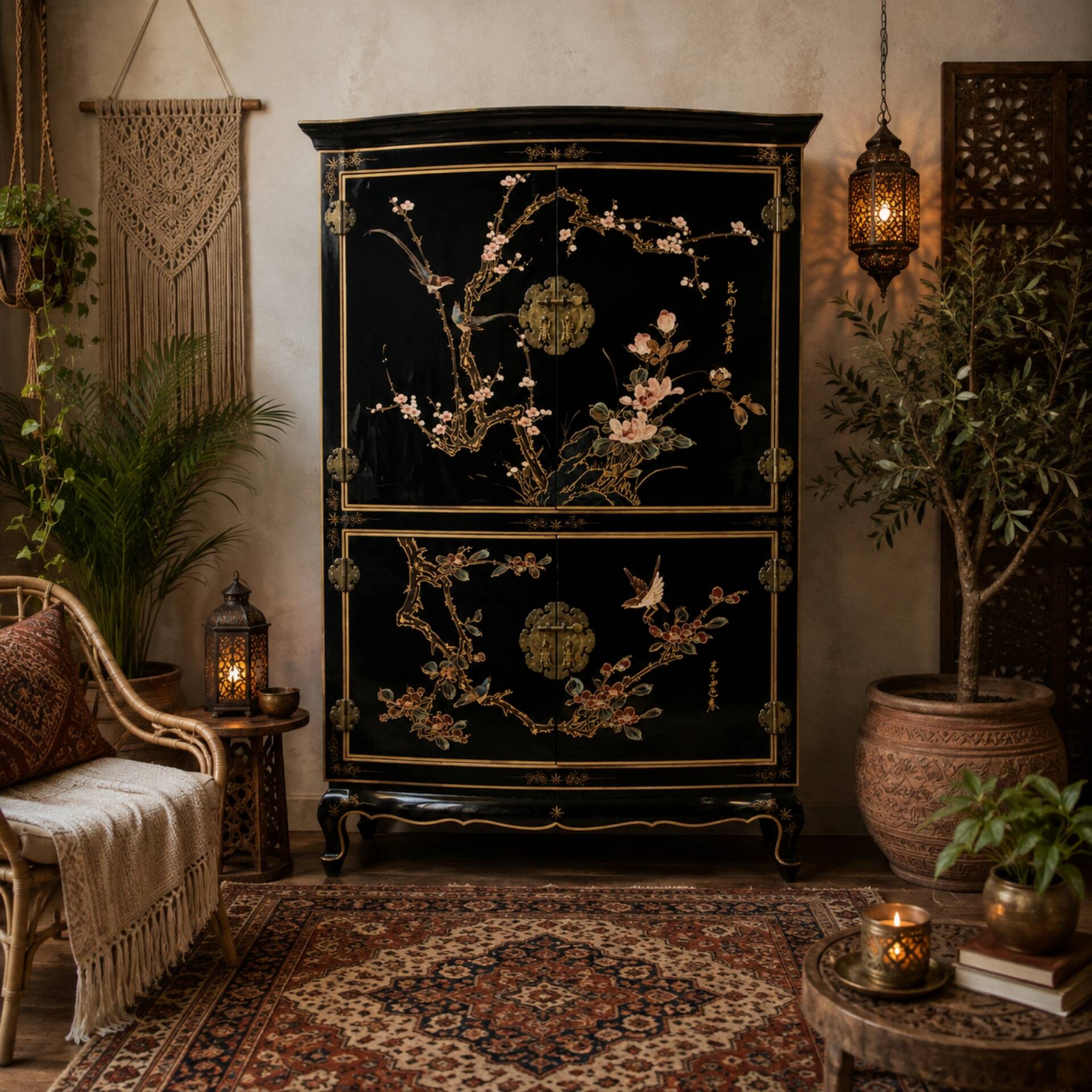 Vintage Chinese lacquer cabinet with black flowers and birds / bohemian