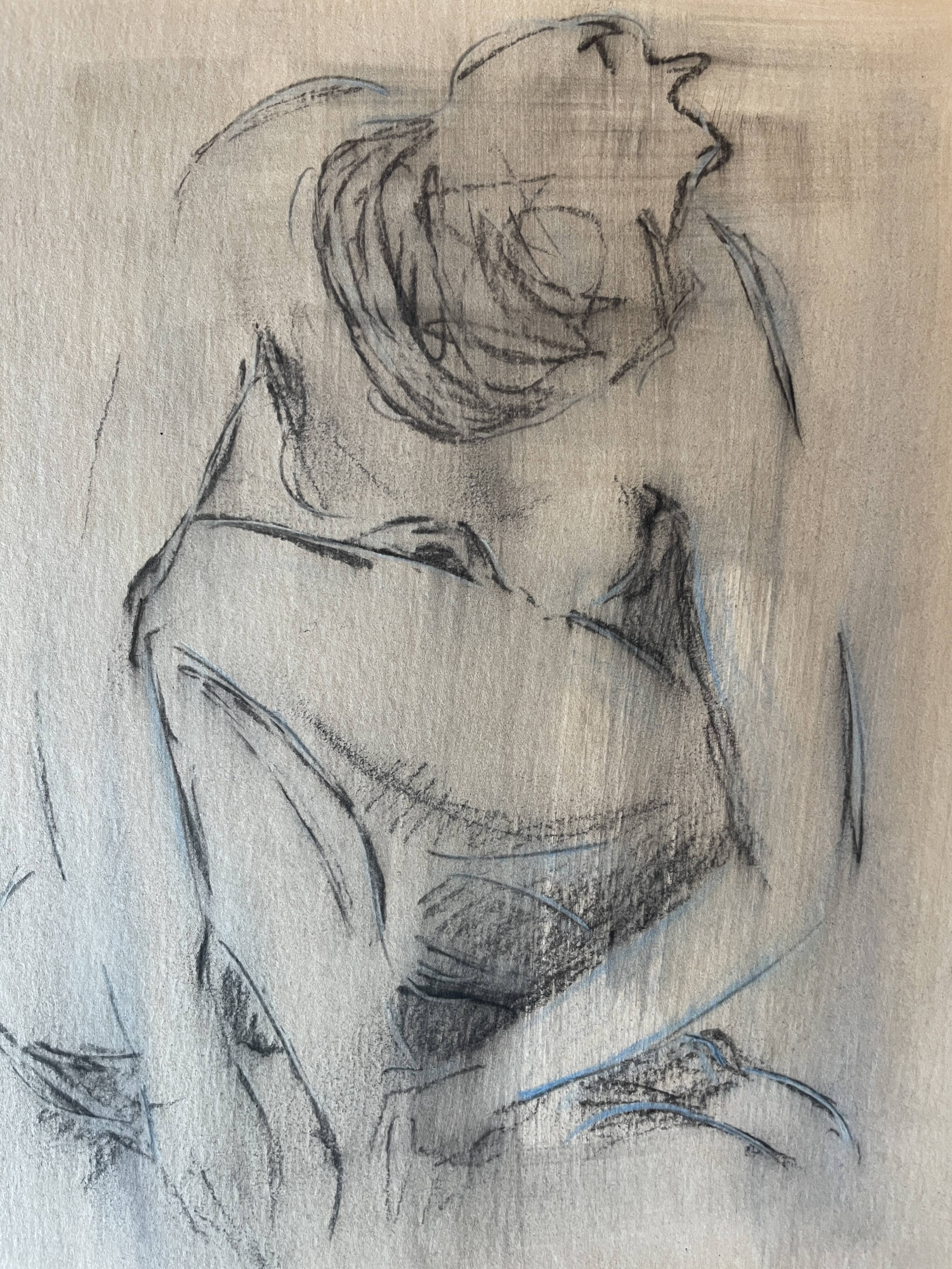 Tableau signé fusain portrait de femme accroupie