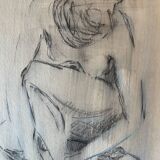 Painting signed charcoal portrait of crouching woman
