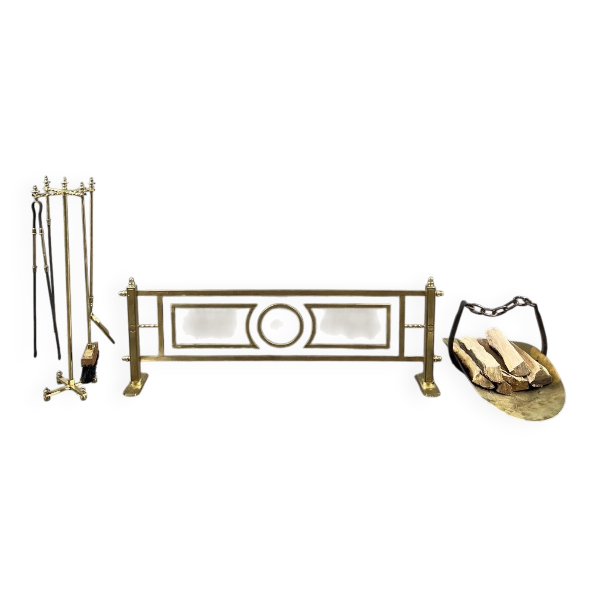 Brass fireplace set, Louis XVI style, fire screen, companion set and holder.