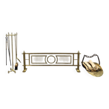 Brass fireplace set, Louis XVI style, fire screen, companion set and holder.