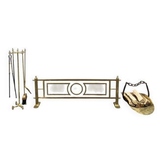 Brass fireplace set, Louis XVI style, fire screen, companion set and holder.
