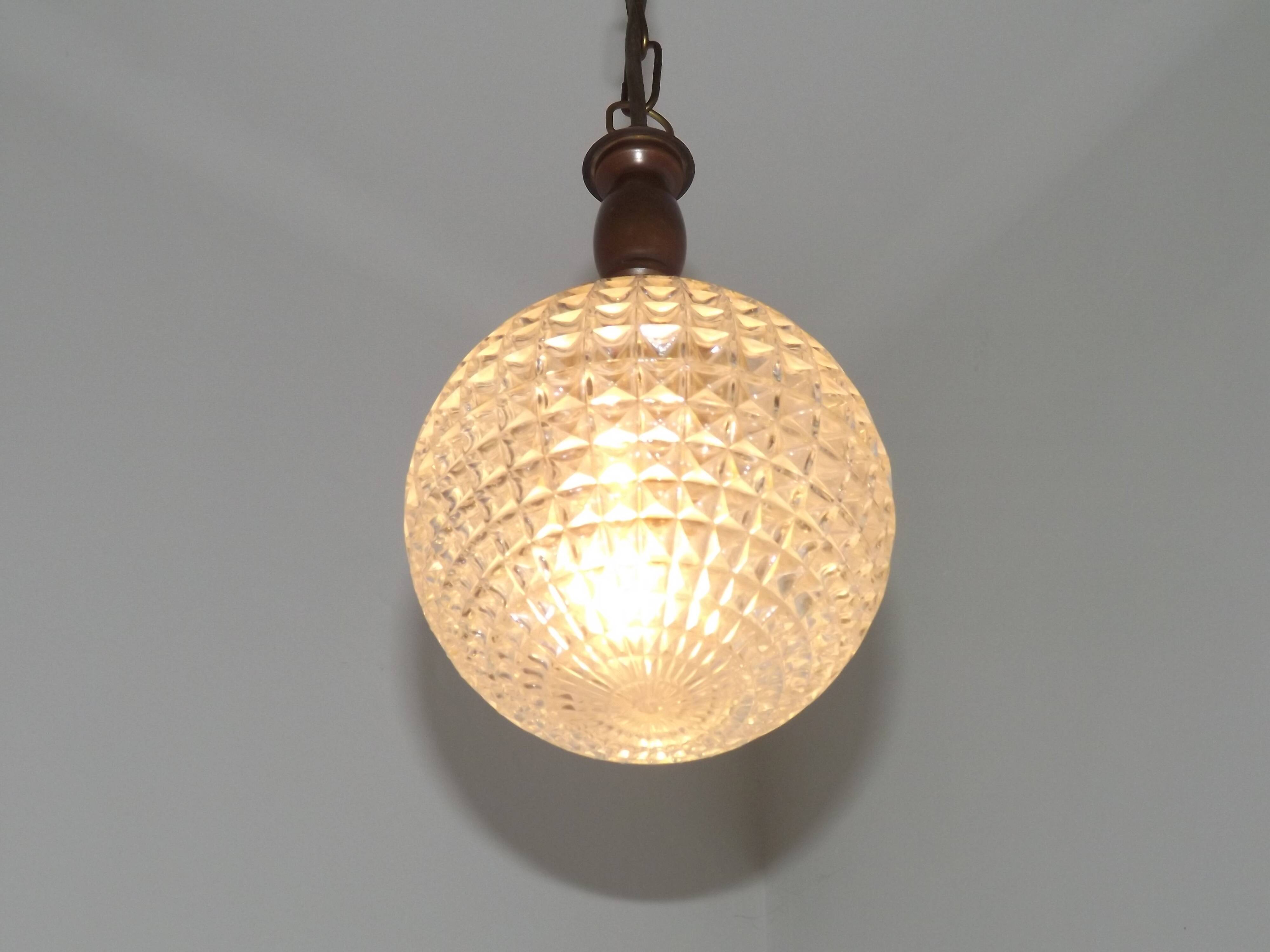French Vintage Molded Glass & Brass Pendant Light 1970s Globe Hanging Lamp