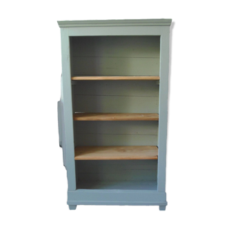 Vintage bookcase reenchanted in verdigris, 3 wooden shelves.,