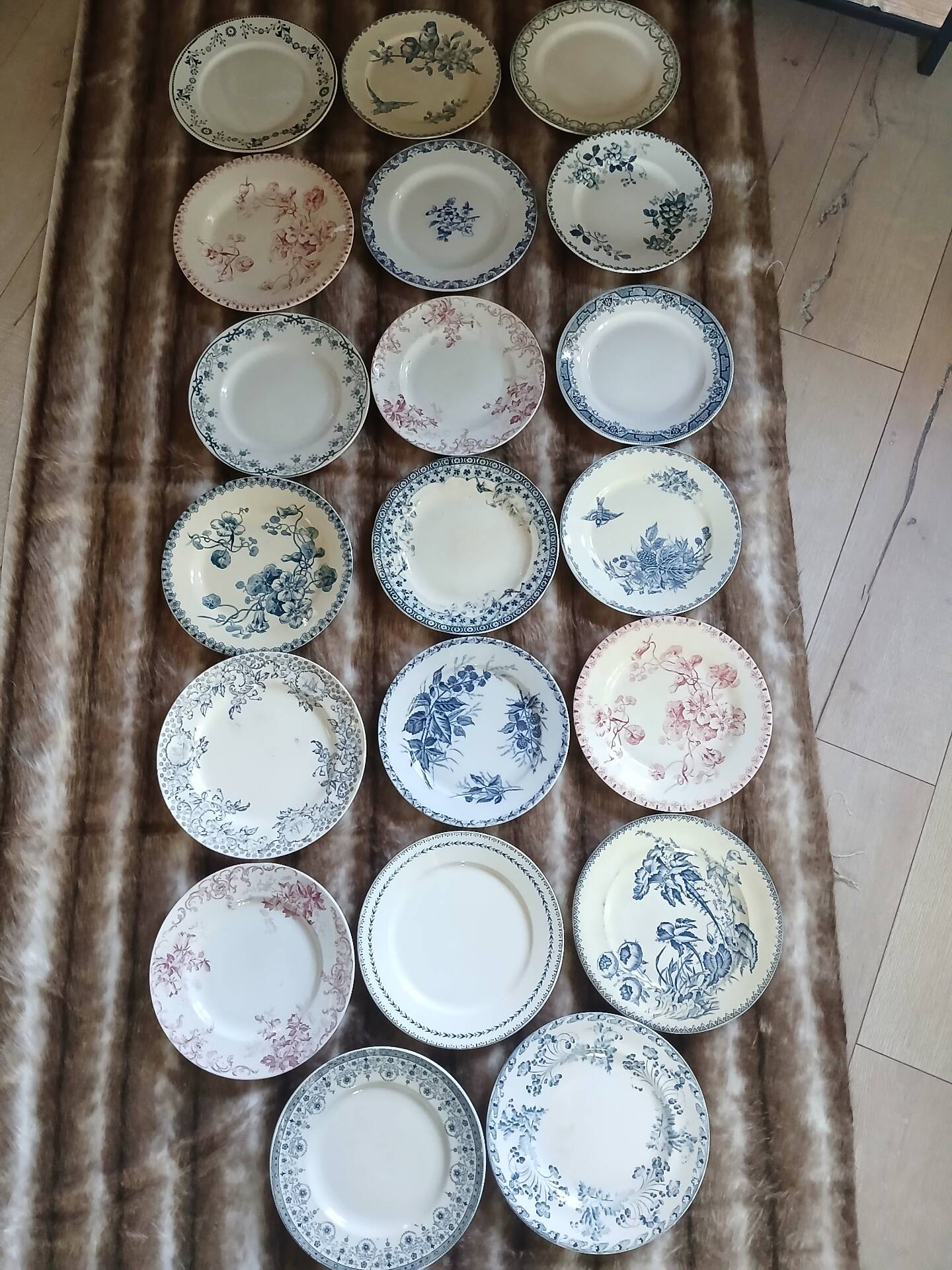 20 mismatched antique flat plates in ironstone
