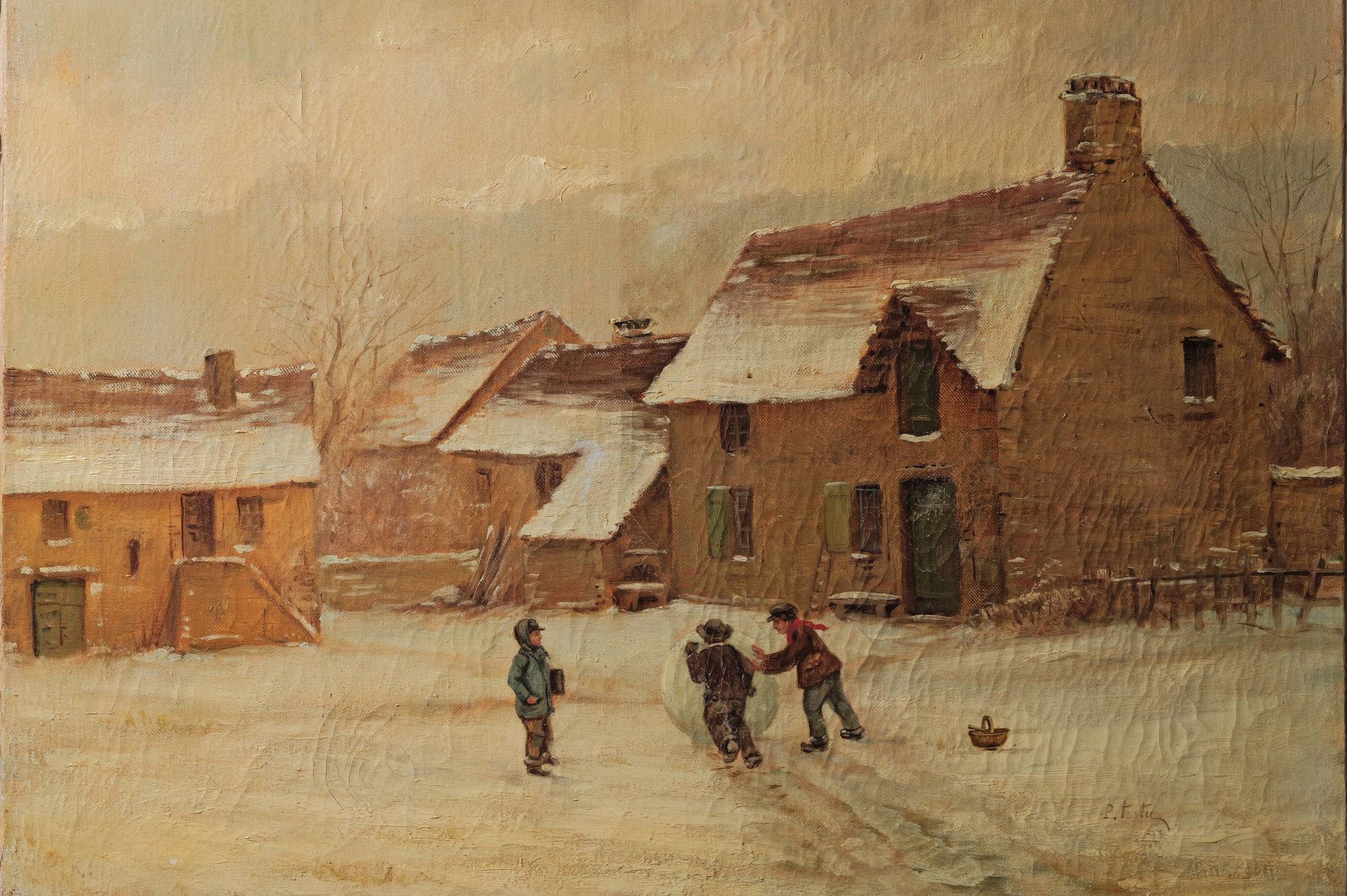 Enfants jouant dans la neige, huile sur toile, signée, vers 1900