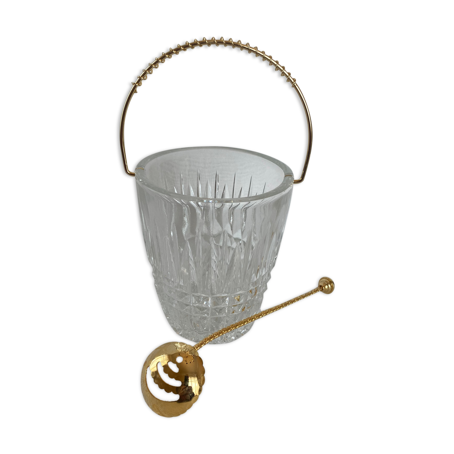 Glass ice bucket and spoon