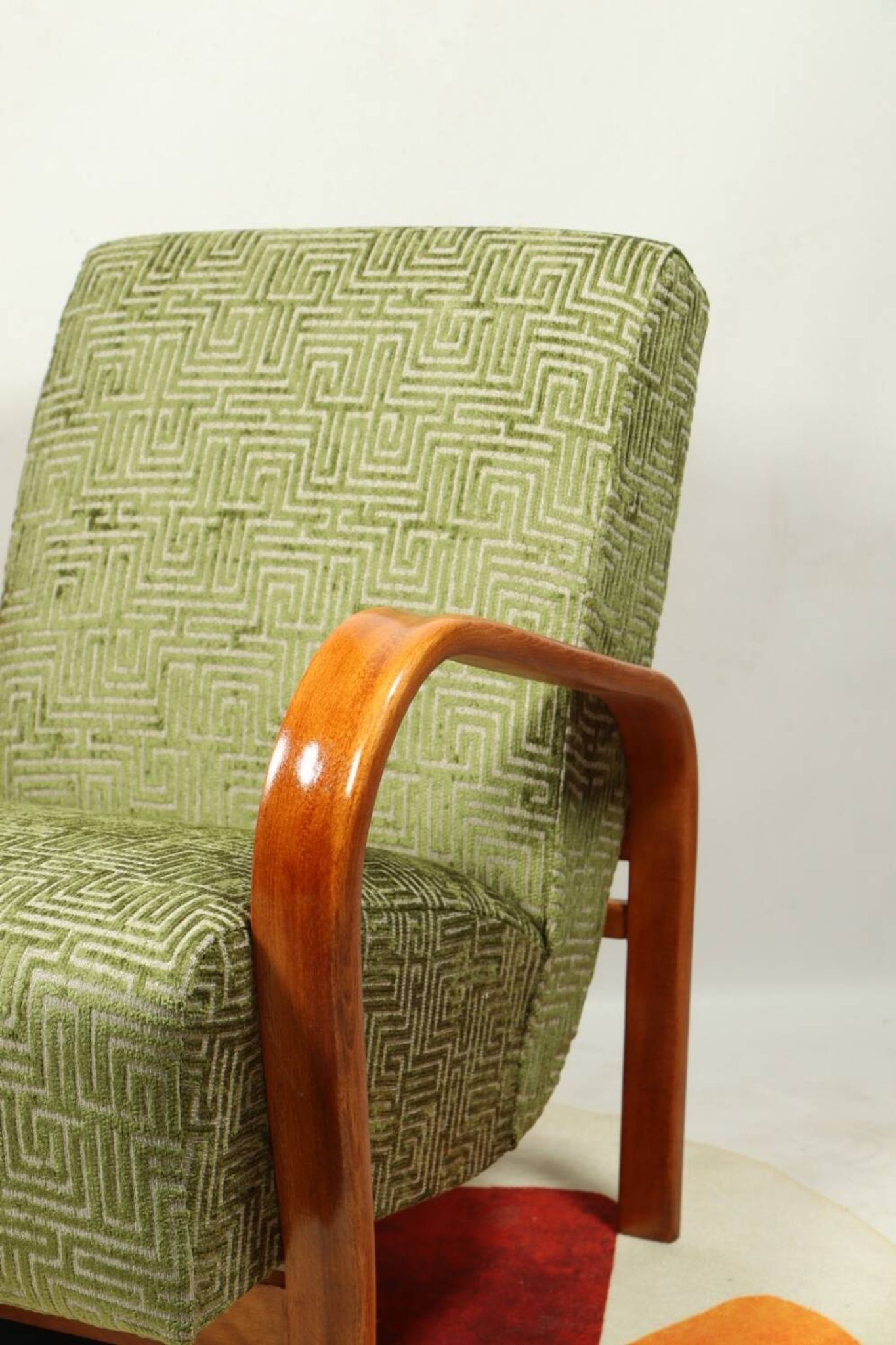 Art Deco armchair in green geometric jacquard by Kropacek Kozelek 1950