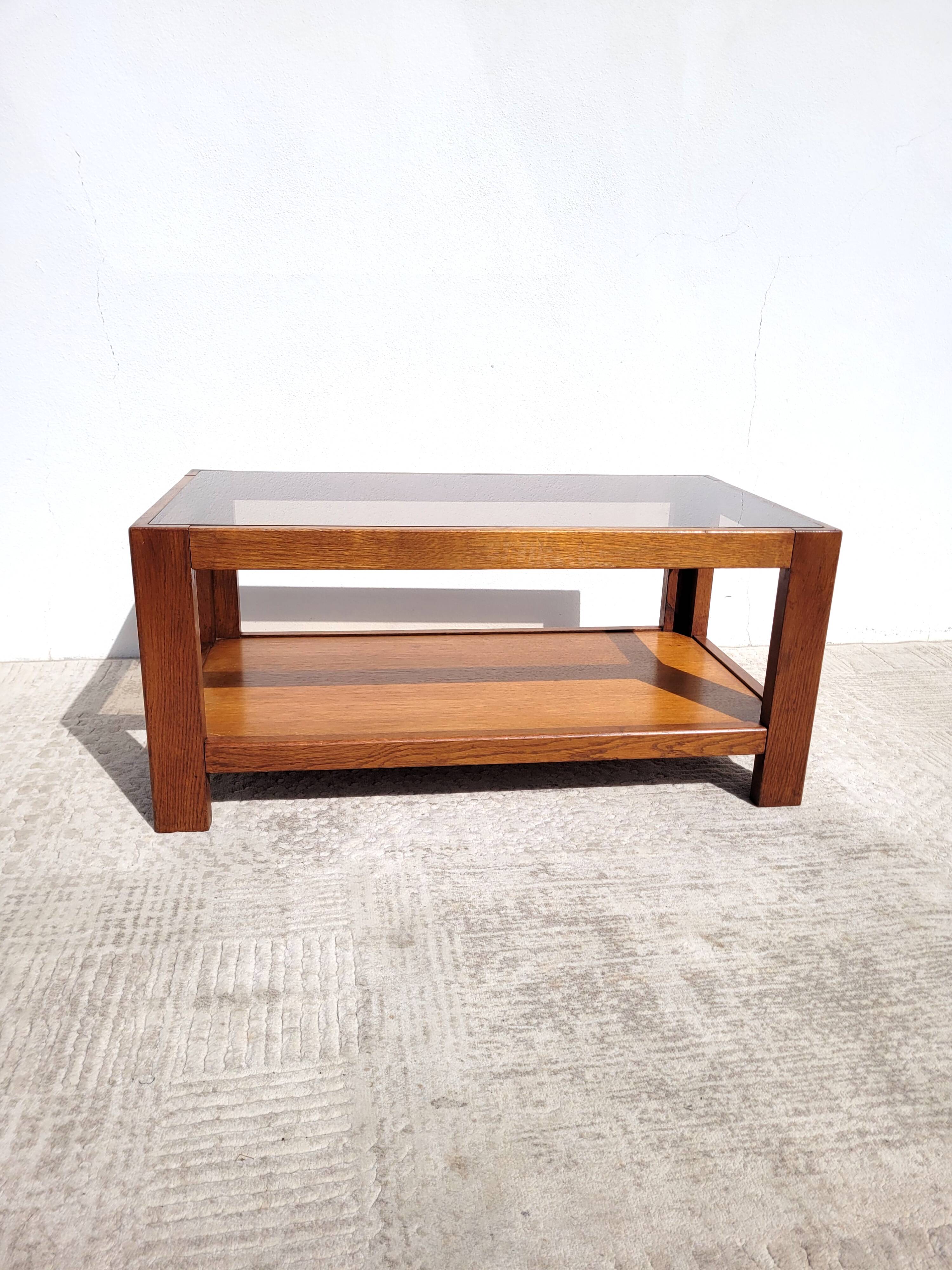Table basse vintage bois et verre fumé 1970