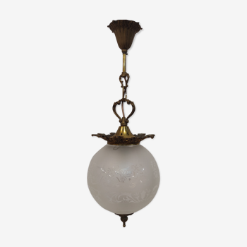 Art Nouveau style pendant lamp frosted glass and gilded metal