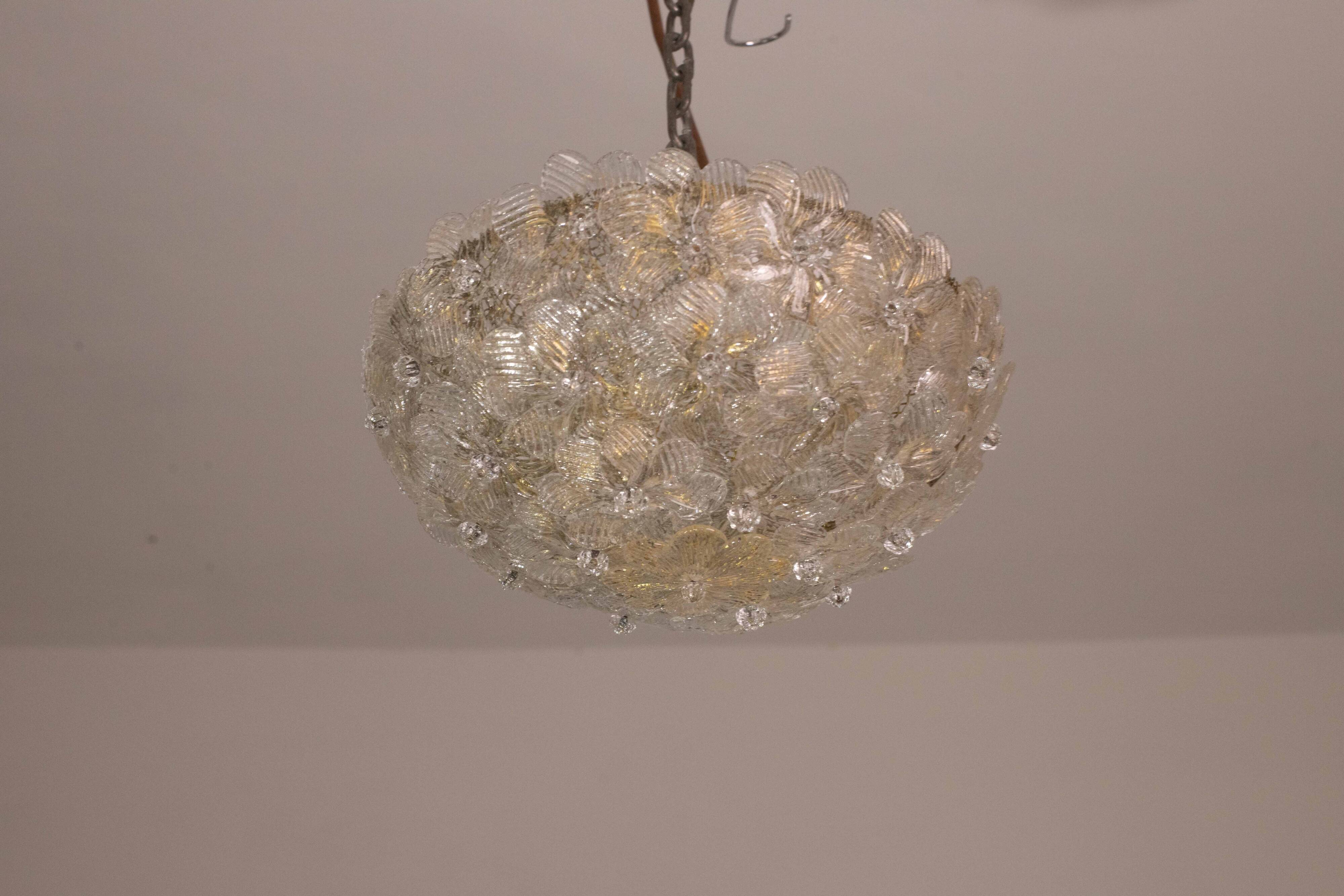 Elegant Murano Ceiling Light Gold and Trasparent Flower by Seguso for Venin