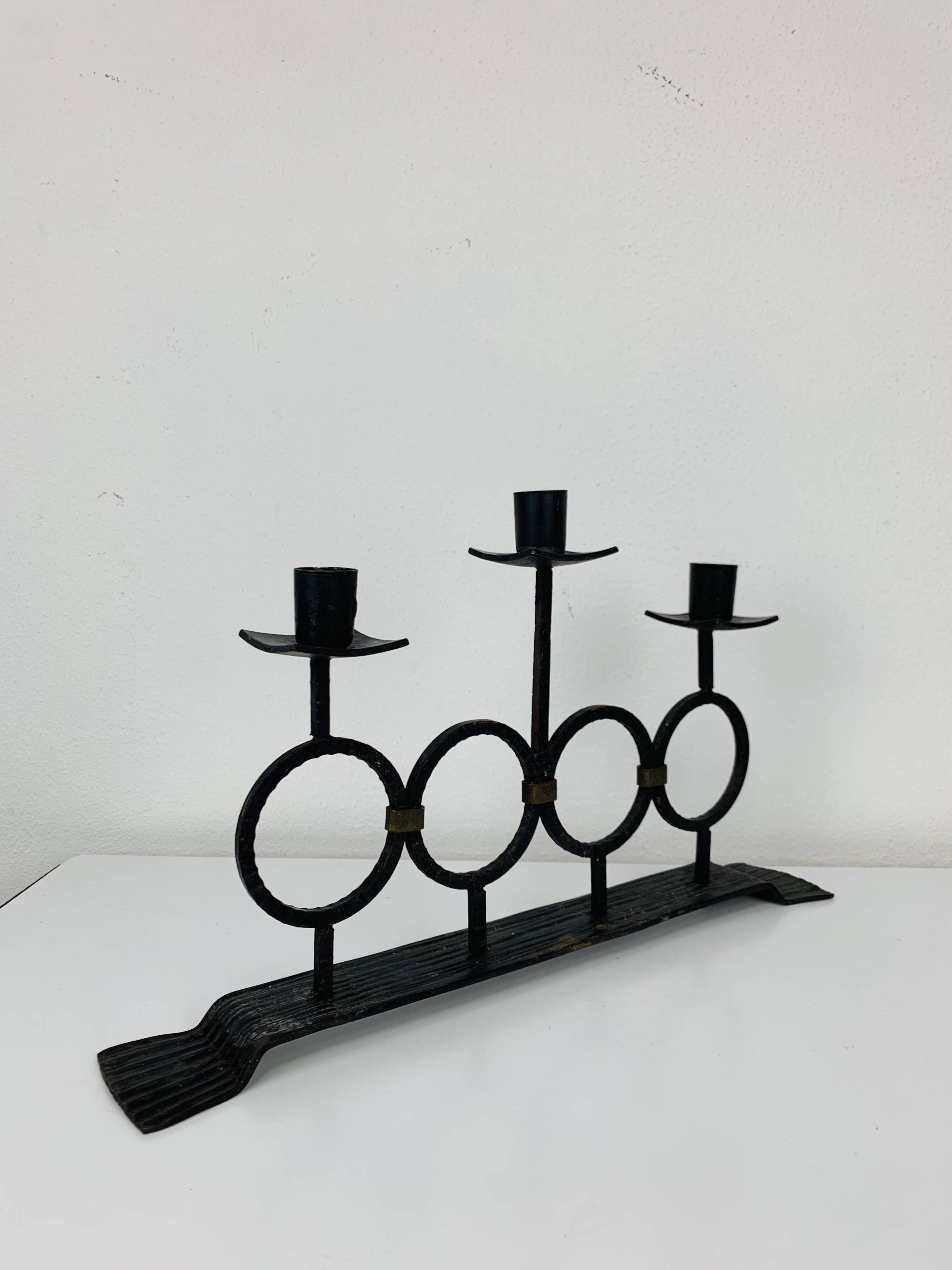 Vintage Brutalist Wrought Iron Triple Candle Holder