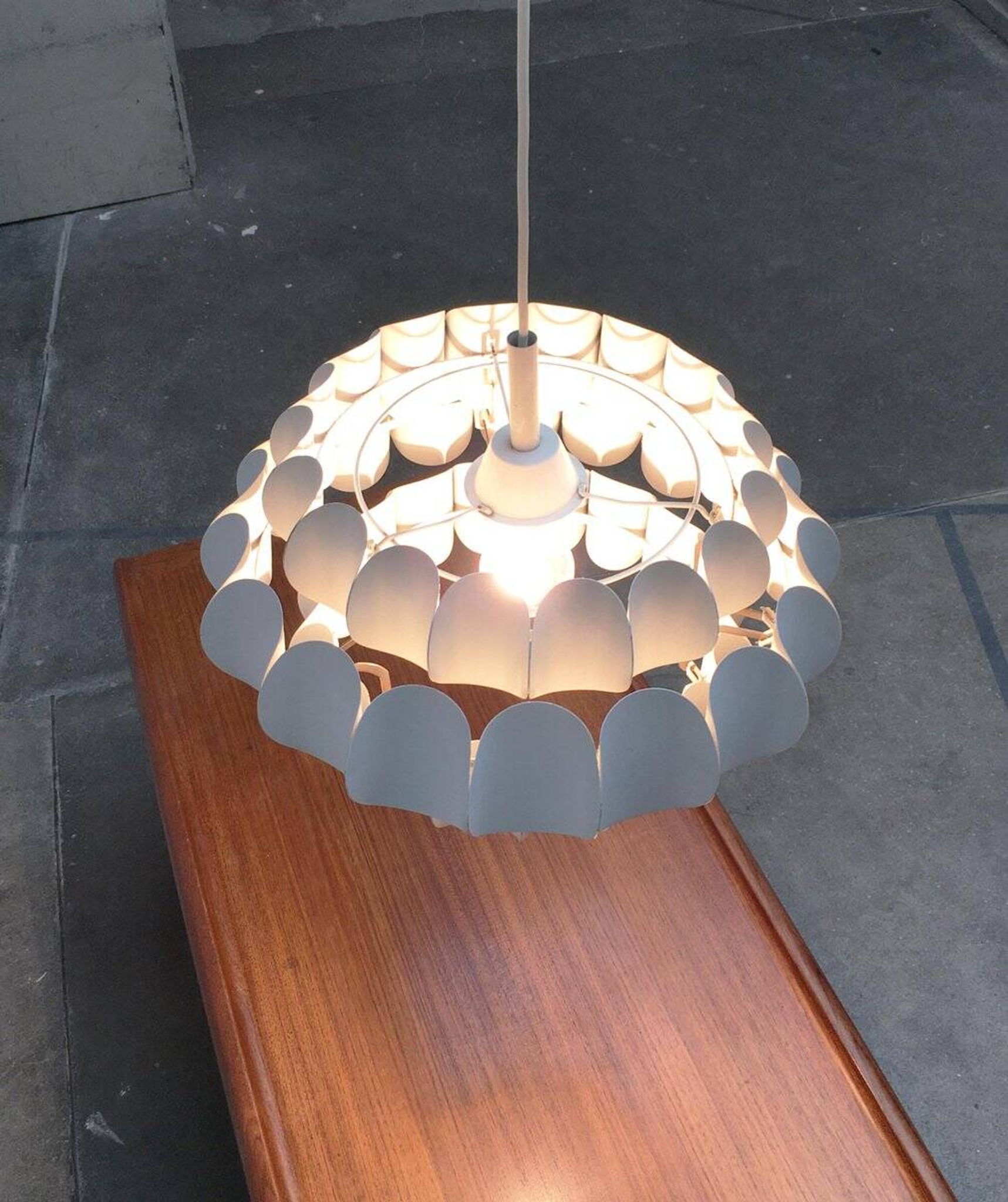 Mid-century white metal Swiss suspension by H. Zender for Temde.