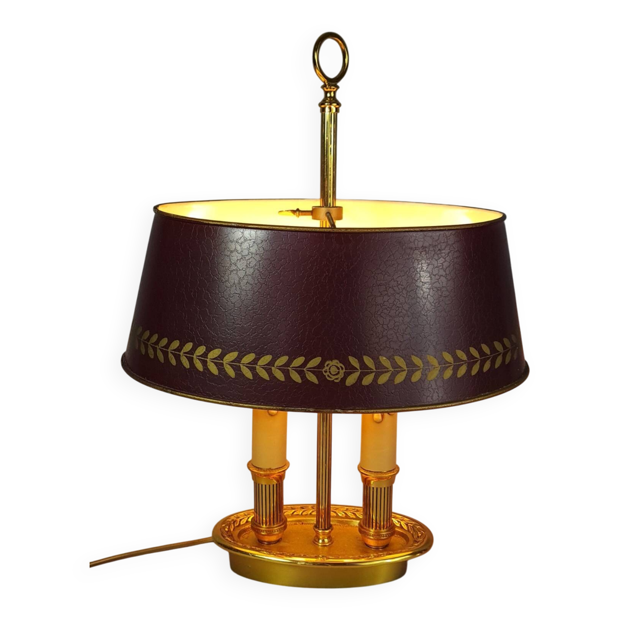 Lampe bouillote style Empire bronze doré abat-jour métal bordeaux C548