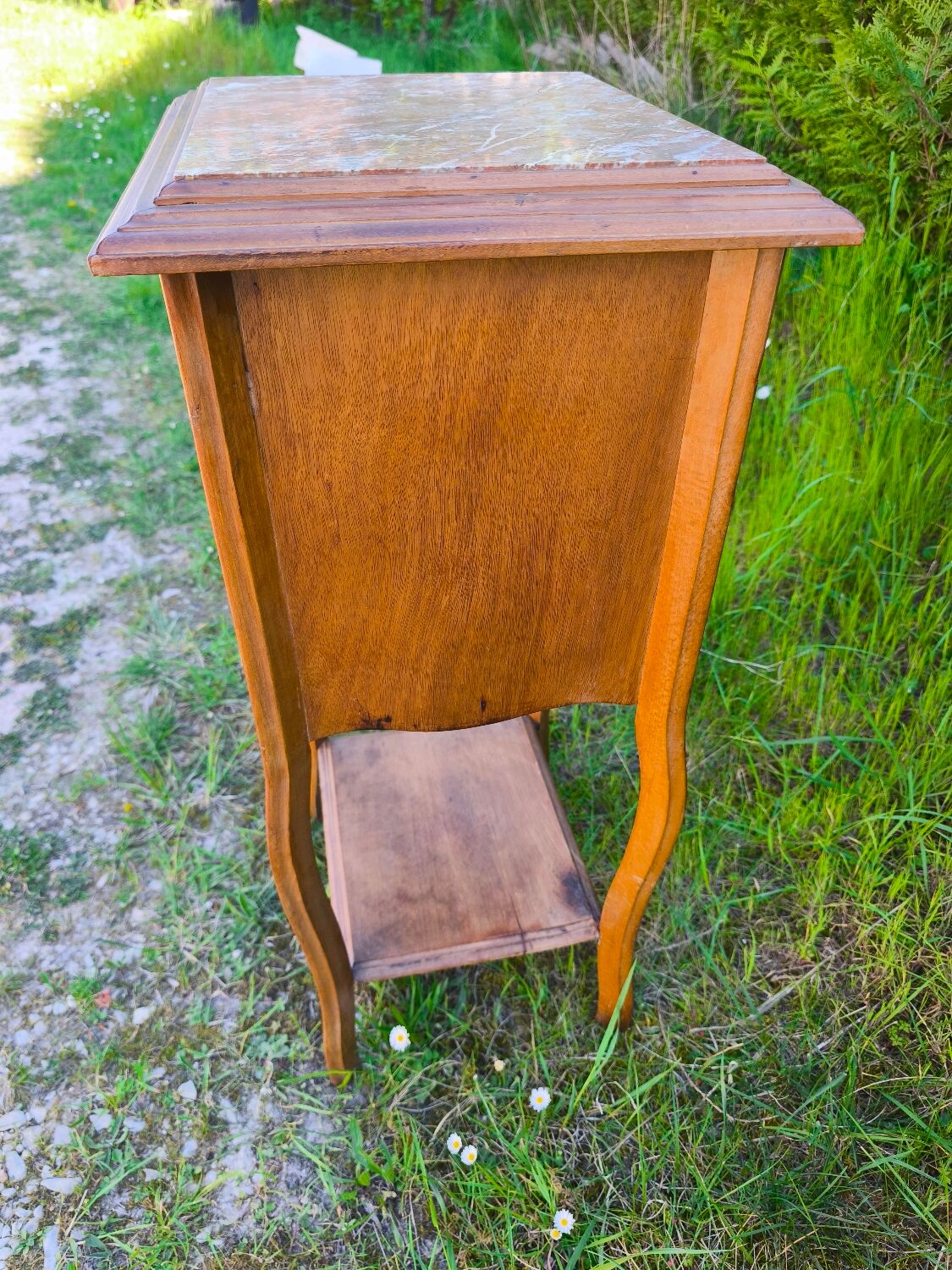 Louis XV style bedside table in wood veneer and marble