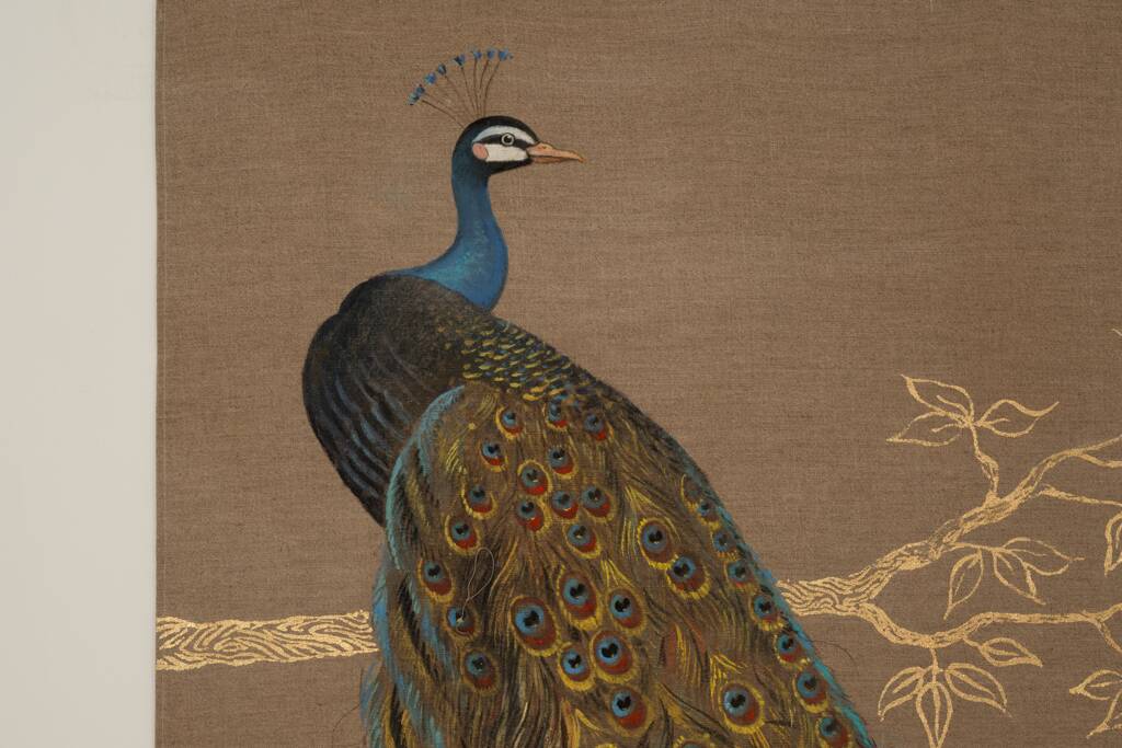 Canvas painted with a peacock design on a branch, contemporary work.