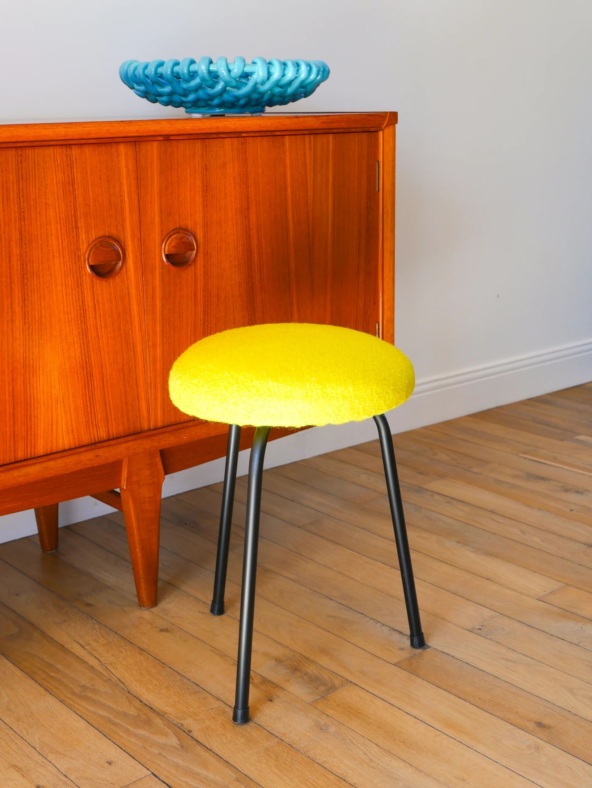 Black iron tripod stool with boiled wool, yellow, 1960.