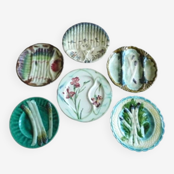 6 French Antique Asparagus Plates in Majolica
