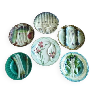 6 French Antique Asparagus Plates in Majolica