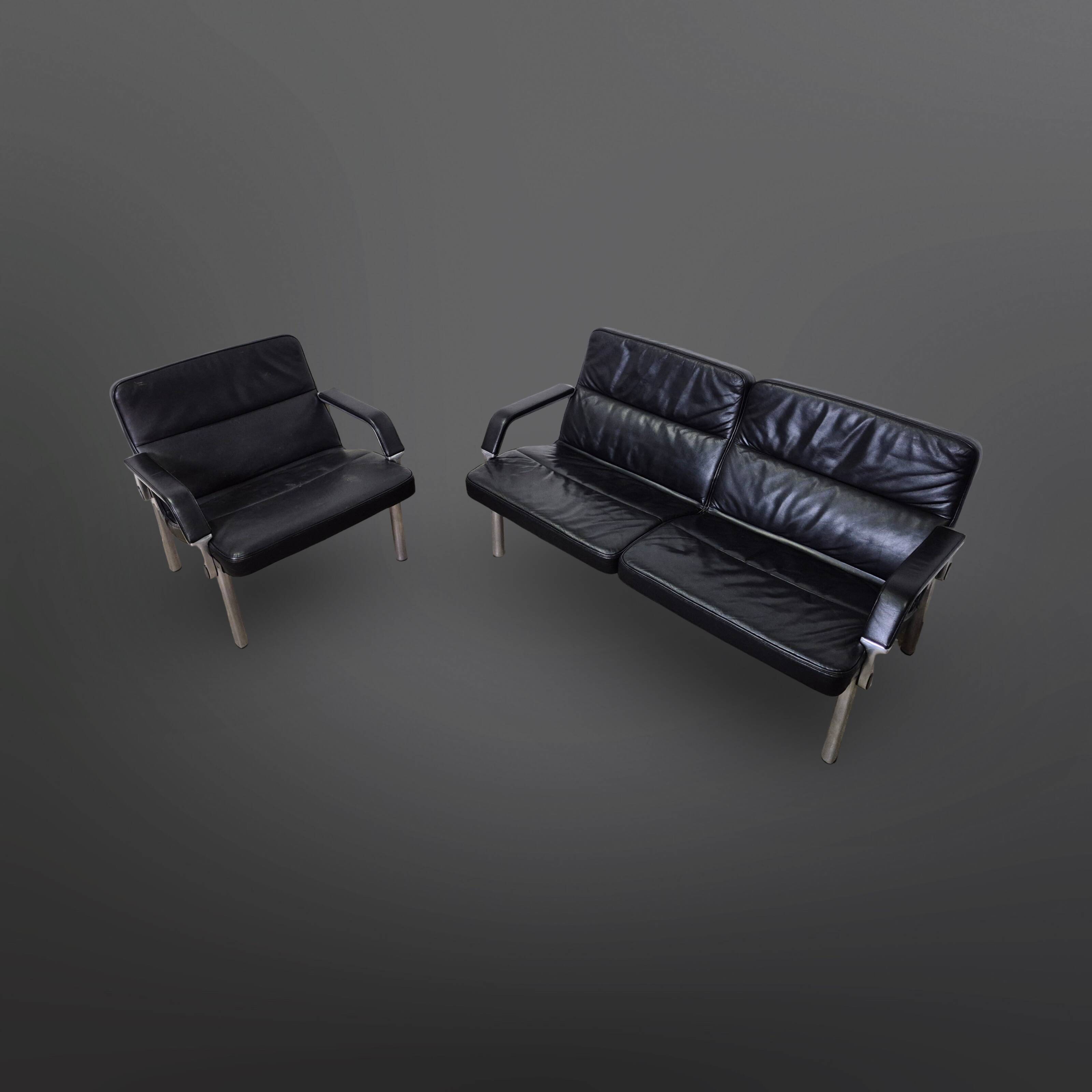 Postmodern black leather seating group, Germany 1980s