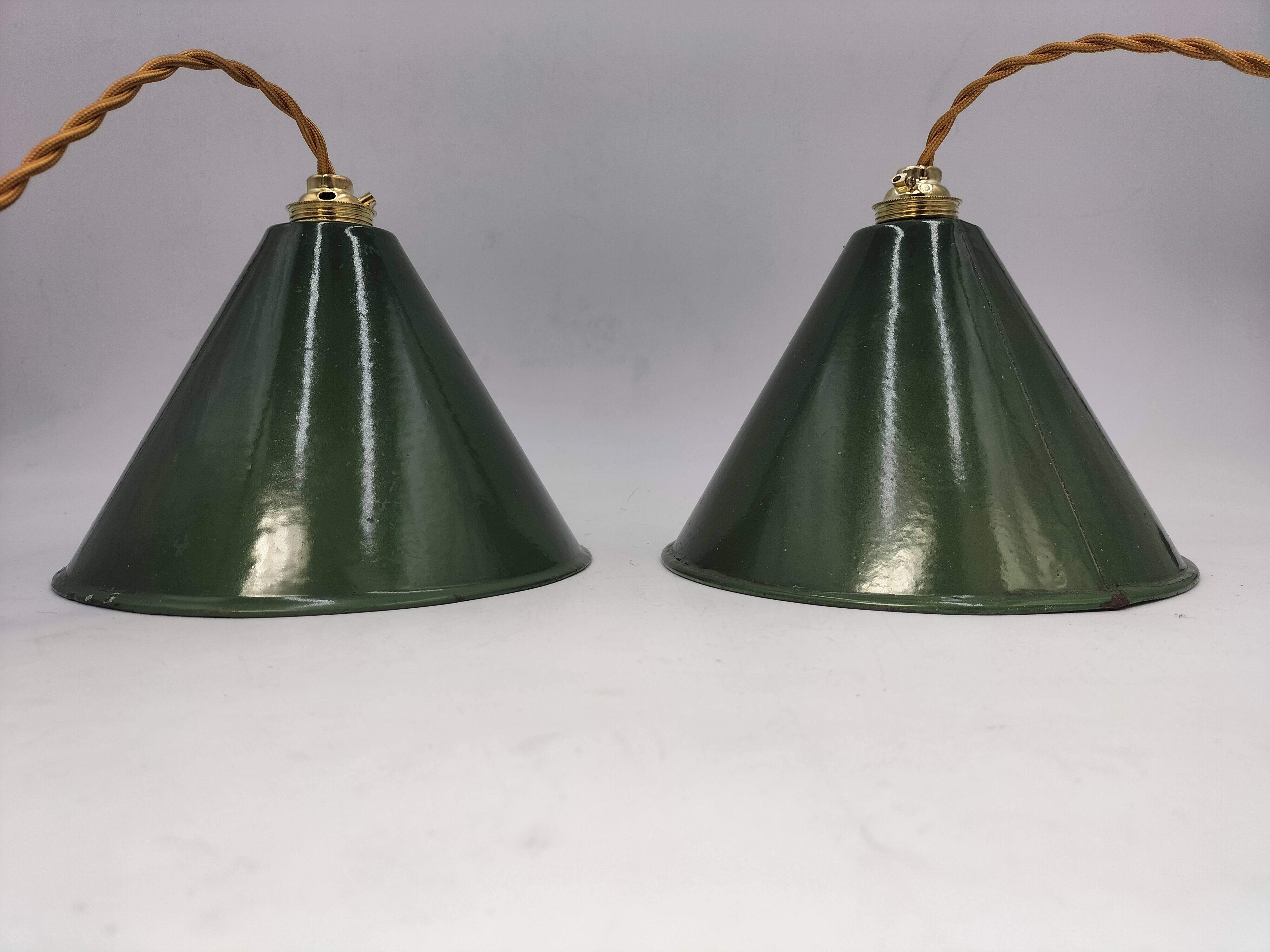 2 enameled sheet metal cone pendants