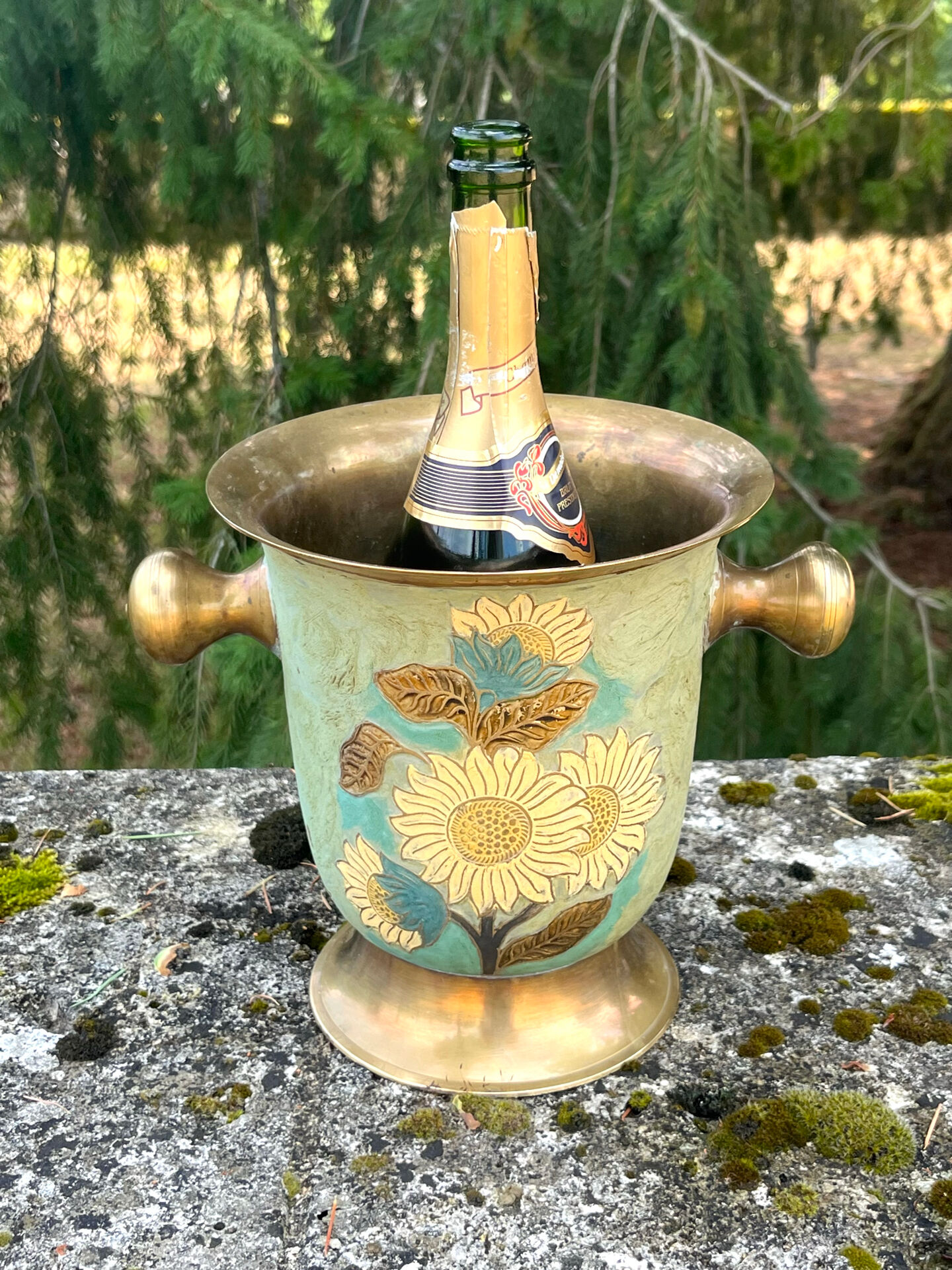 Cloisonne Brass champagne bucket with sunflower relief decoration
