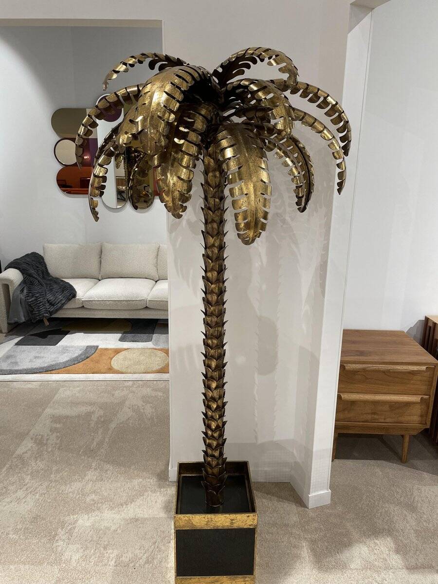 Palm Tree Floor Lamp in Gold Metal and Black Lacquered Mirror