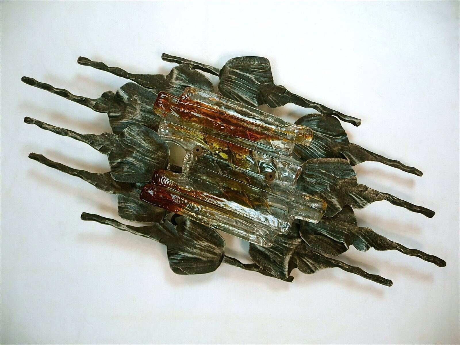 Large brutalist iron & ice Murano glass sconce / wall lamp, 1960s