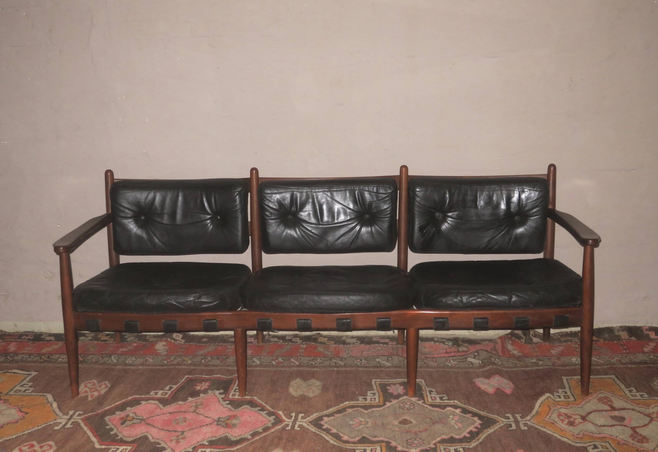 Cadett 3-seater sofa in teak and leather by Eric Merthen, Sweden 1960s