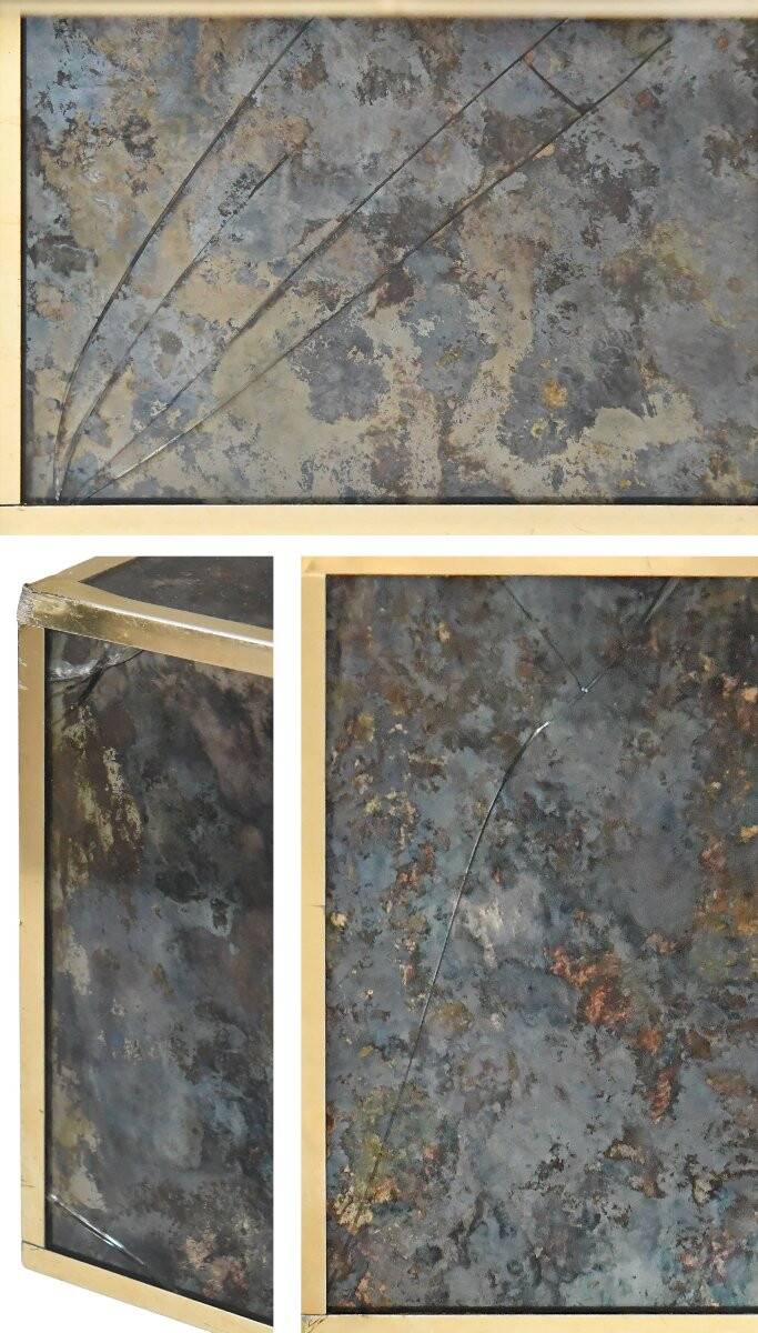 Marble glass coffee table with "solar eruption" decor.