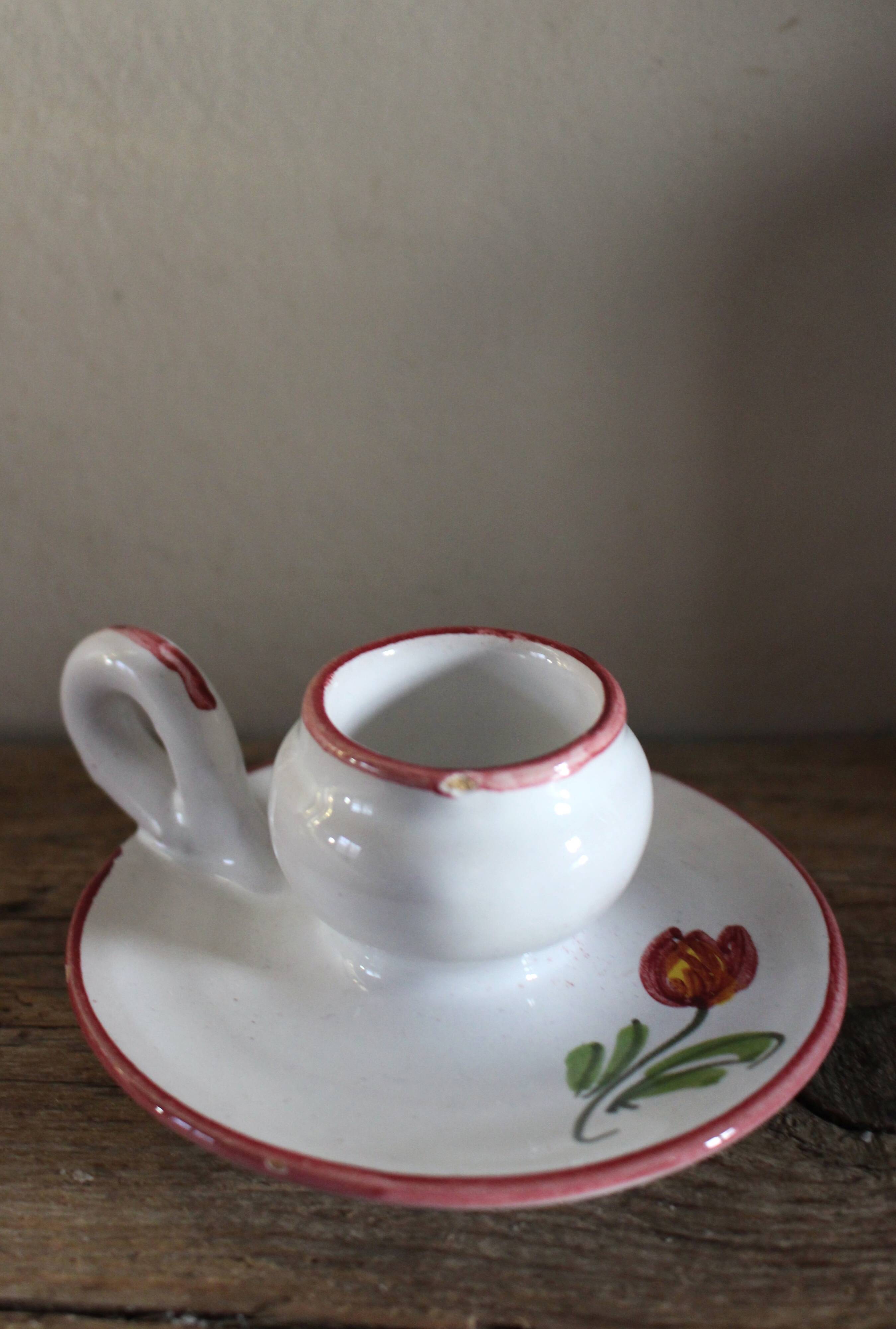 Vintage pink and green tulip ceramic candlestick rat.