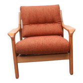 1970s armchair in oak, orange cushions