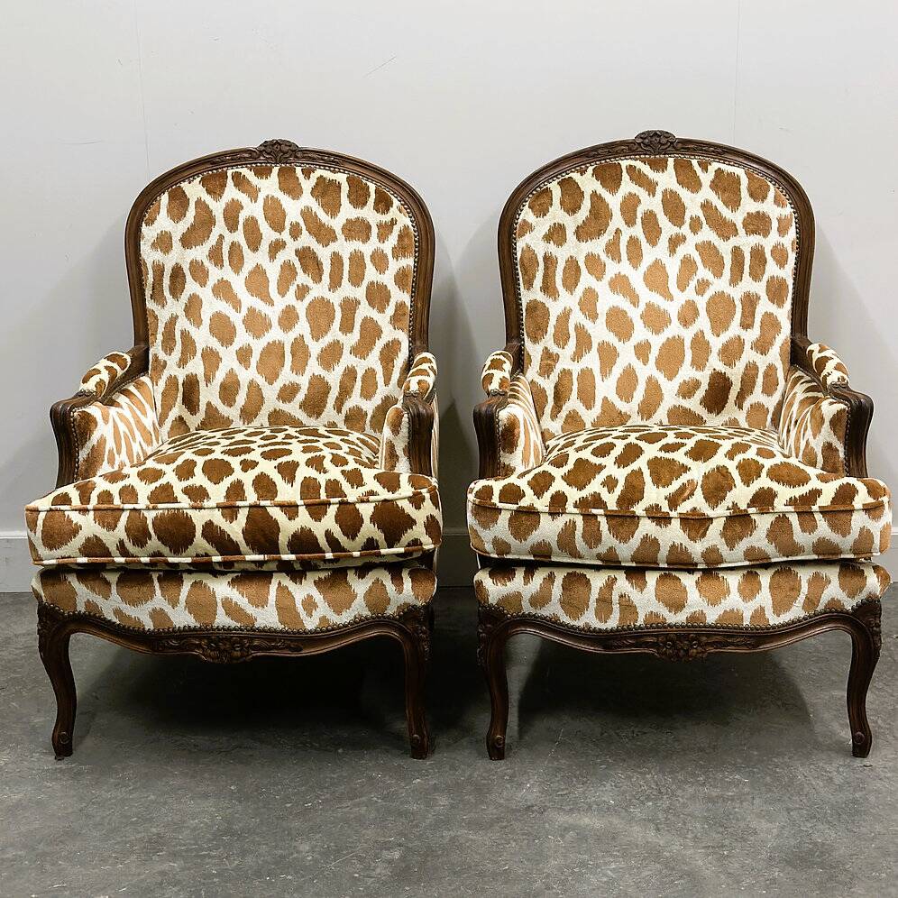 Pair of Louis XV style armchairs in giraffe velvet upholstery, France, 1950s